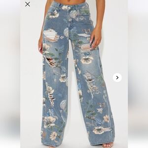 NEW Fashion Nova Jeans Blooming Love Floral Ripped Wide Leg Jeans